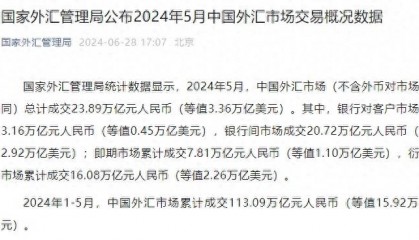 国家外汇管理局公布2024年5月中国外汇市场交易概况数据