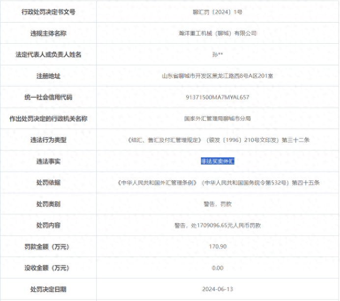 因非法买卖外汇，瀚洋重工机械（聊城）被罚近171万元
