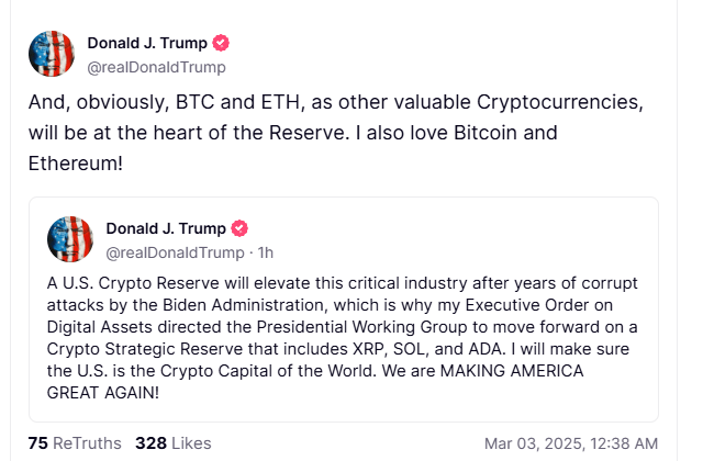 特朗普发文推动国家加密货币储备：提及 BTC ETH XRP SOL ADA